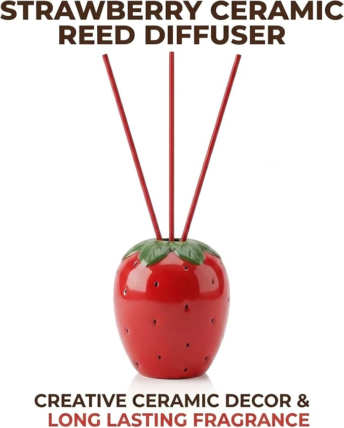 Strawberry Scented Reed Diffuser Set – 6.76 fl oz (200ml) with Sticks, Creative Strawberry-Shaped Ceramic Design for Home, Bedroom & Bathroom Decor, Long Lasting Aromatherapy Gift