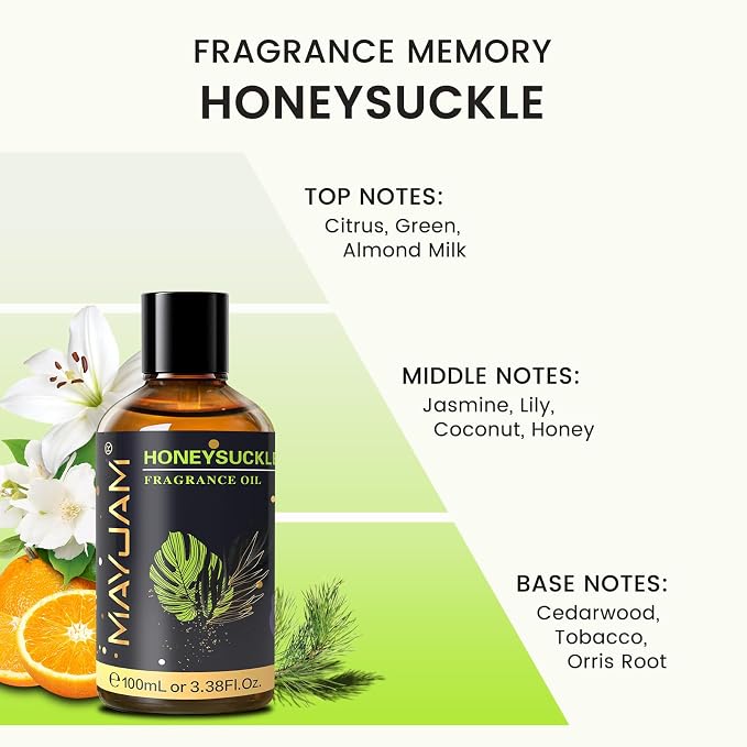 MAYJAM 100ML/3.38FL.OZ Honeysuckle Fragrance Oils with Glass Dropper, Essential Oils for Diffusers for Home, Long Lasting Scented Oils for Diffusers Soap Candle Making