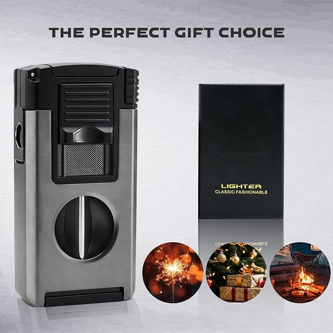 5-in-1 Dual Jet Flame Butane Torch Lighter Built-in V Cutter, Punch, Holder, Draw Enhancer Tool, Windproof Refillable Butane Lighter Gift for Men, Cool Lighters for Candle, Outdoor (No Gas)