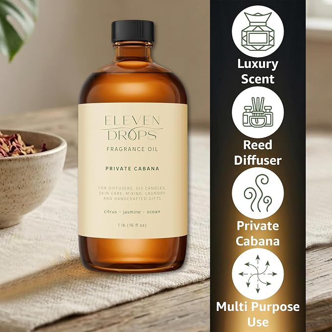Private Cabana Fragrance Oil | Citrus, Jasmine & Ocean Notes | Long Lasting Scent Reed Diffuser Oil for Home, Office, Hotel, Spa, Car & Linen Spray | Pet Friendly IFRA Compliant, 16 oz