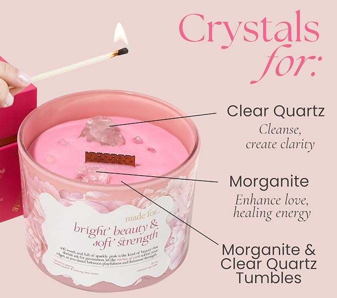 Pink Crystal Candle for Women – 12oz Large Luxury Soy Wax with Crackling Wood Wick, Slow Burn Meditation with Healing Crystals, Birthday or Mother’s Day Gift
