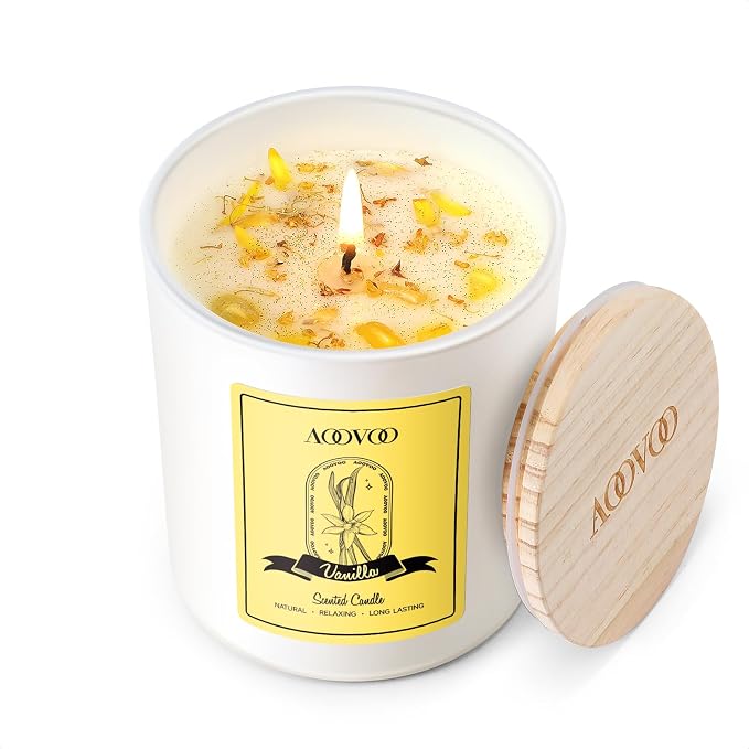 AOOVOO Vanilla Scented Candles for Women - Aromatherapy Candle with Crystals Inside, 7oz Soy Candles for Home Scented, Birthday Gifts Mothers Day Candle for Women Mom