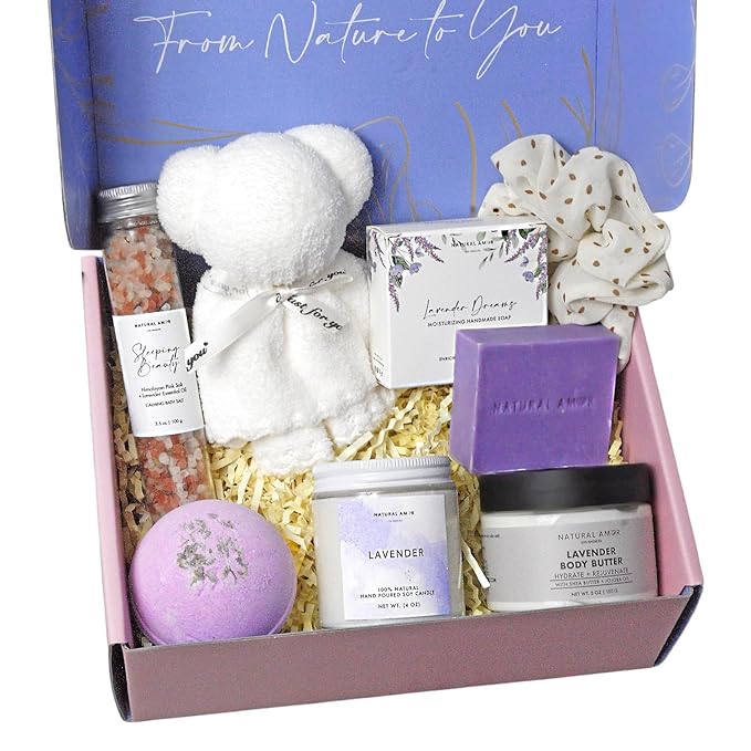Natural Amor Lavender Spa Gifts for Women,7pcs Self Care Box Including Handmade Soap Bar, Candle, Bath Butter