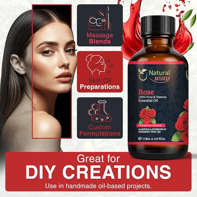 Rose Essential Oil | Pure Aromatherapy Oil for Diffusers, Hair Growth, Skin, Scalp Care, Massage | Refreshing Hair Oil for Women & Men | Natural Essential Oil for Diffuser | 4 Fl Oz (120 mL)