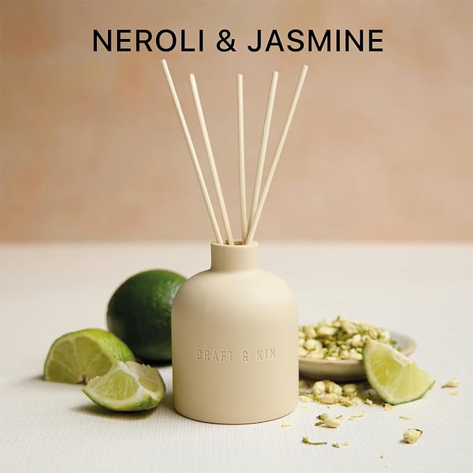 Craft & Kin Neroli & Jasmine Reed Diffuser – Earthenware Collection, 6.7 oz – Alcohol-Free Essential Oil Diffuser for Home & Bathroom – Long-Lasting Fragrance Sticks – Ceramic Room Decor