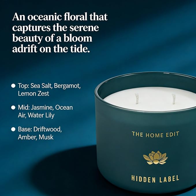 Hidden Label Marine & Flower Soy Candle, 10oz 2-Wick, 45H Coastal Fresh | Ocean Floral Aromatherapy | Non-Toxic Vegan Phthalate-Free | Even Melt No Tunneling | Modern Green Reusable Gift Jar