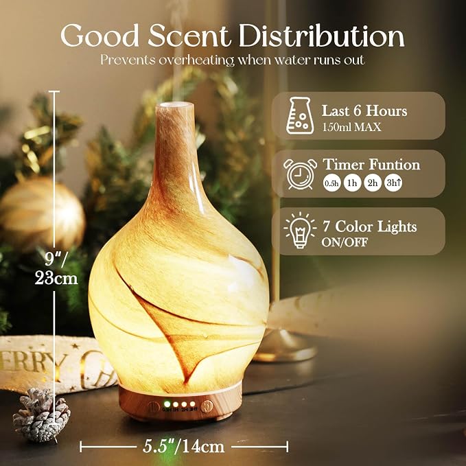 Porseme 150ml Glass Essential Oil Diffuser Aromatherapy Ultrasonic Cool Mist Humidifier 6 Running Hours Waterless Auto-Off Air Diffusers for Relax Yoga,Office Working Spa and Rest (Desert)