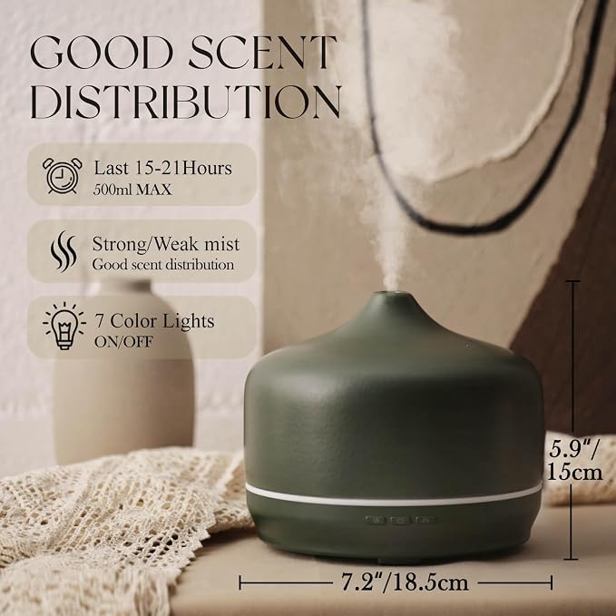 Porseme 500ml Glass Essential Oil Diffuser Aromatherapy Ultrasonic Cool Mist Humidifier 15-21 Running Hours Waterless Auto-Off Air Diffusers for Sleeping Yoga Working Spa(Hunter Green)