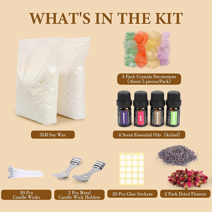 SACATR 5LB Soy Wax Candle Making Kit,Natural 100% Soy Wax for Candle Making, with Essential Oils, Raw Crystals,Dried Flowers,Wicks,Candle Making Supplies for DIY Scented Candles,Holiday Gifts