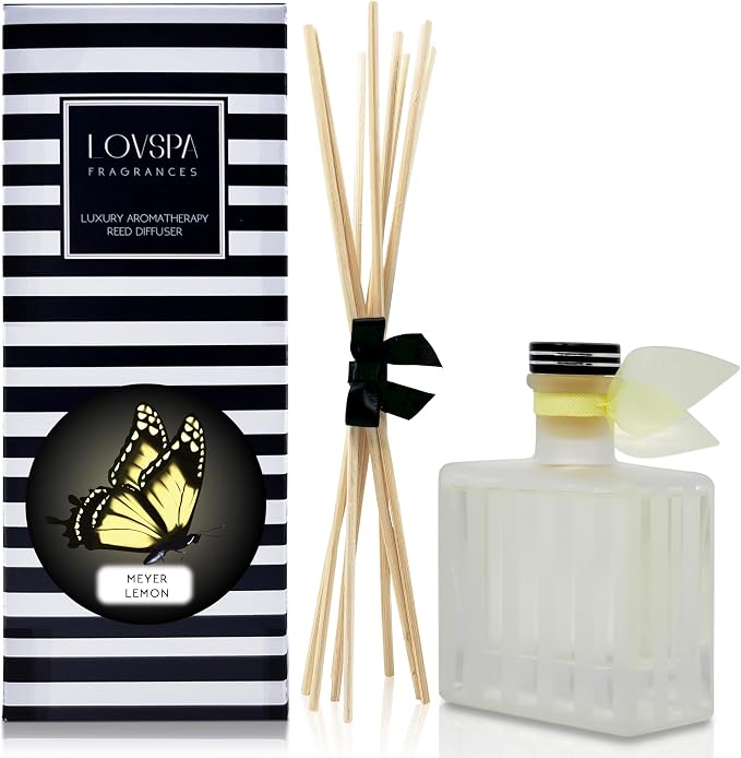 Reed Diffuser Set, Meyer Lemon Scented Oil Diffuser with Sticks, Home Fragrance Accessories for Bathroom Shelf Decor, Aroma Diffusers for Home or Office Desk, USA Made