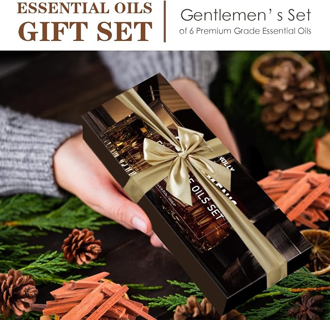 Essential Oils Set, Men Scents Fragrance Oil Aromatherapy Essential Oils Kit for Diffuser (6x10ML) - Sandalwood, Cedar, Leather, Sweet Tobacco, Rum, Cologne Aromatherapy Oil Gift for Men