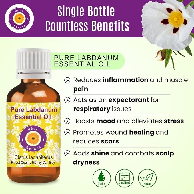 Deve Herbes Pure Labdanum Essential Oil (Cistus ladaniferus) Steam Distilled 100ml (3.38 oz)