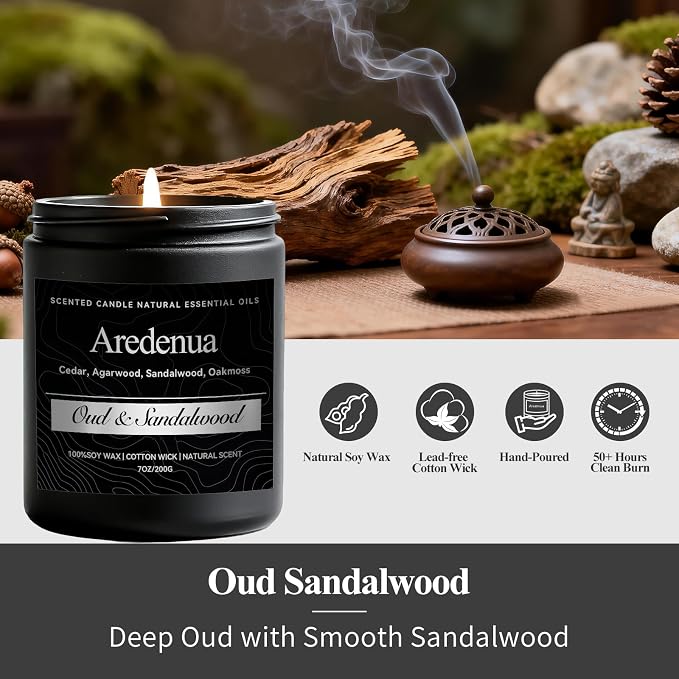 Oud & Sandalwood Candle for Meditation - Luxury Soy Candle for Home, Long Lasting Woody Aroma for Stress Relief & Calm, Hand Poured Scented Candle for Men & Women - Elegant Minimalist Home Decor