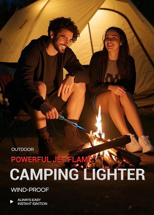 Butane Torch Lighter Jet Flame, Windproof Torch Lighter Refillable, Adjustable Butane Lighters for Candle Fireplace Camping BBQ Lighters Gift for Man Women, with Extended Tip, 2 Pack (Without Fuel)
