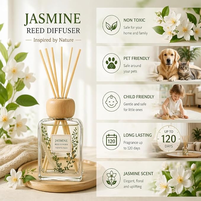 Jasmine Reed Diffuser Set, Floral Home Fragrance for Bedroom & Bathroom, Long Lasting Essential Oil Diffuser Sticks, Relaxing Fresh Scent, Stress Relief, 3.4 FL OZ