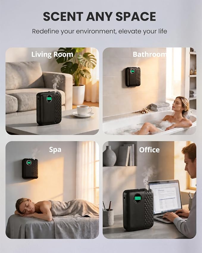 RoyAroma Waterless Essential Oil Diffuser for Home & Office, Smart Bluetooth App Control Scent Machine, 3000 Sq Ft Coverage, 400mL Cold Air Aromatherapy for Large Rooms - Sleek Black