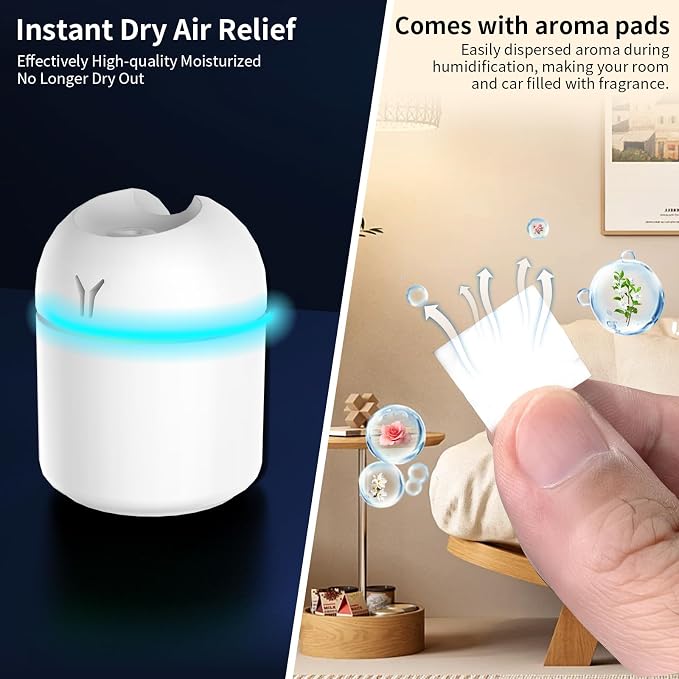 Portable Mini Humidifier, 250ML 3-in-1 Cool Mist With Aroma Pads, Colorful Night Light, USB for Car and Travel (White)