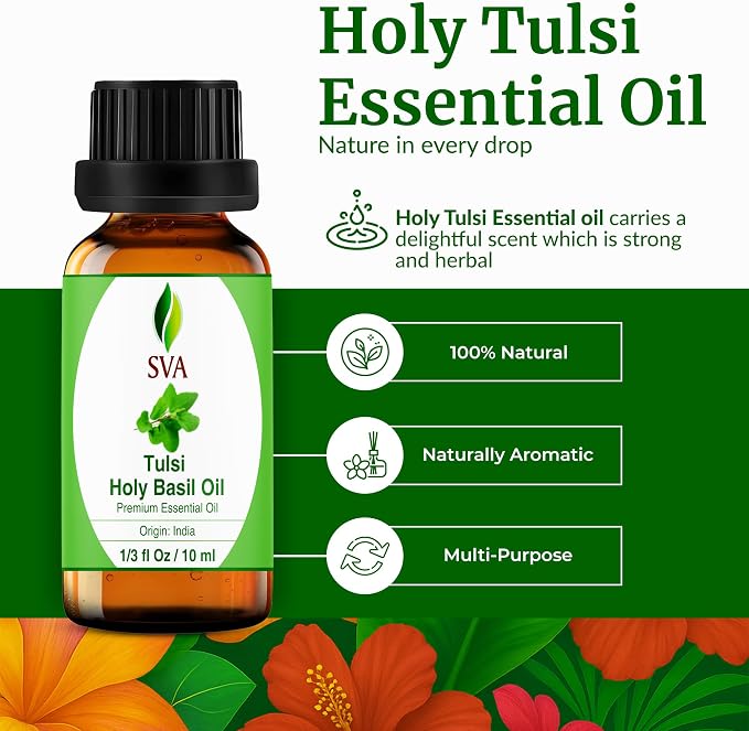 SVA Holy Tulsi Essential Oil – 1/3 Fl Oz – 100% Natural Tulsi Oil - for Diffuser, Hair Care, Face, Skin Care, Aromatherapy, Scalp and Body Massage, Soap and Candle Making