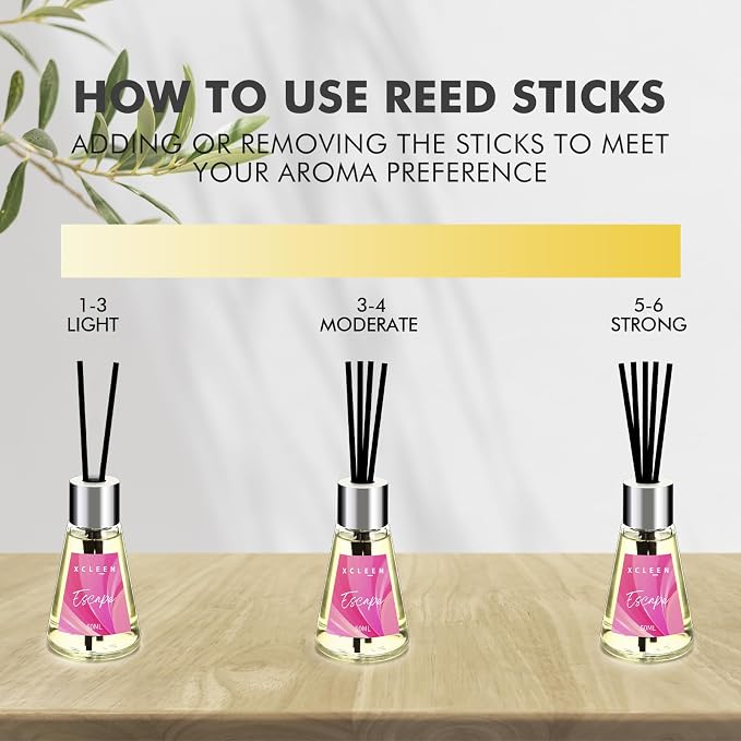 Xcleen 3 Pack Reed Diffuser, Scented Oil Diffuser with 15 Sticks, Escape/Vanilla/Moroccan Amber, Air Freshener for Bathroom & Office, Holiday Home Fragrance, Gift idea, Each 1.7Fl Oz, Total 5.1Oz