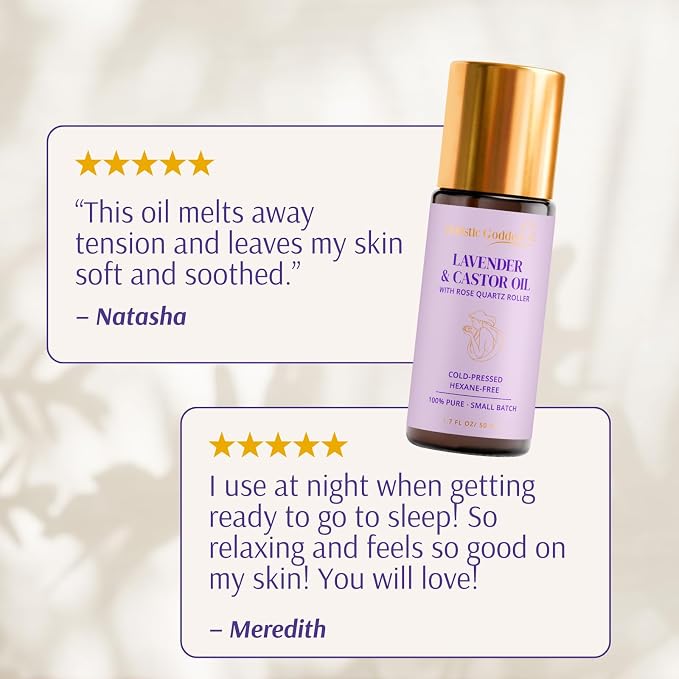Holistic Goddess Organic Lavender & Castor Oil Roll-On with Rose Quartz Roller – Calming Night Ritual Oil for Stressed Skin & Visible Redness, 1.7 fl oz (50ml)