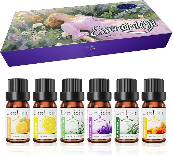 Lantixin Top 6 Essential Oils Set: Frankincense, Rosemary, Eucalyptus, Lavender, Sweet Orange, Lemon - Perfect Starter Kit for Diffusers, Aromatherapy Beginners - 6 x 0.3 oz (1.8 fl oz Total)