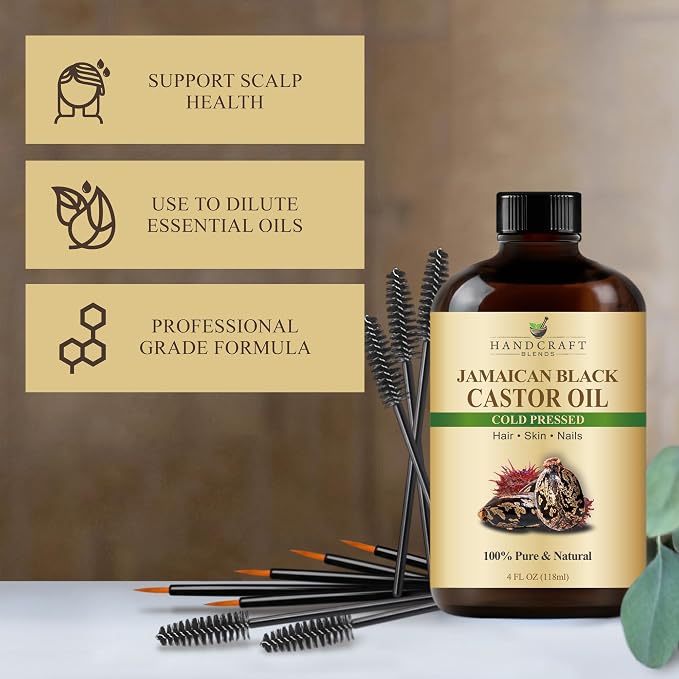 Handcraft Blends Cold-Pressed Jamaican Black Castor Oil 4 Fl Oz | Glass Bottle | Lash Brushes | 100% Pure and Natural | Premium Grade Carrier Oil | Hair, Eyelashes and Eyebrows | Hair and Body