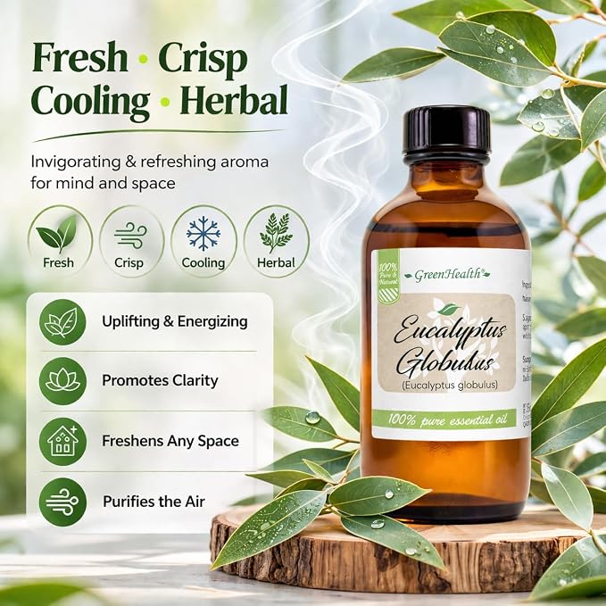 GreenHealth Eucalyptus Essential Oil 4 fl oz – 100% Pure & Natural – Aromatherapy Oil for Diffuser, Air Freshener, Cleaning, Home Fragrance – Therapeutic Grade – Large Value Size
