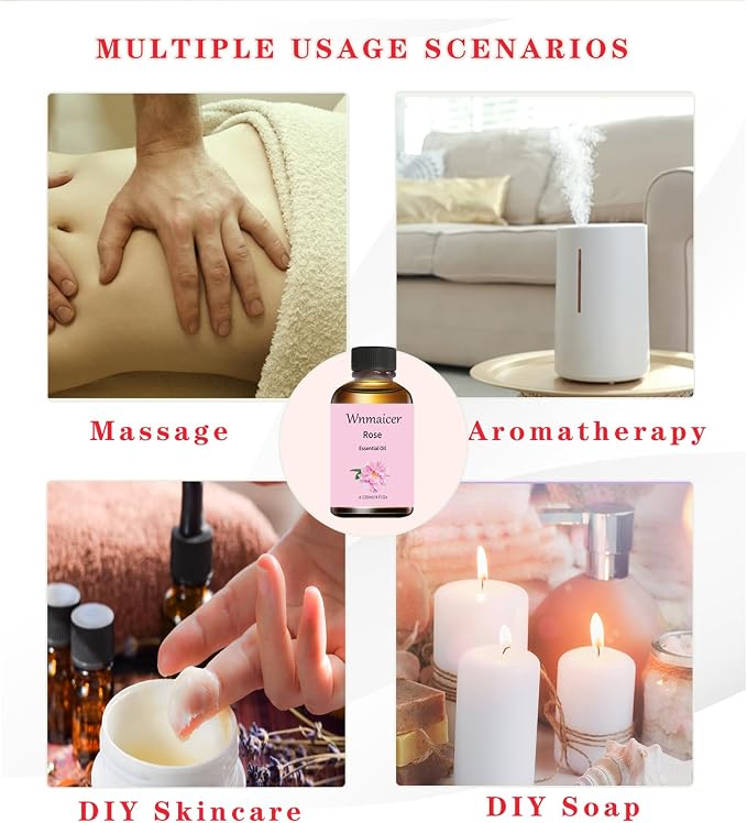 Rose Essential Oil 4 Oz, Premium Rose Oil with Glass Dropper for Massage, Face, Skin, Diffuser, Yoga, Meditation and Aromatherapy 120 mL