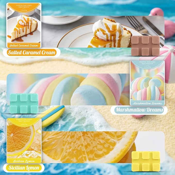 SCENTORINI Wax Melts Summer Scent, Scented Wax Cubes, Soy Candle Wax Tarts for Wax Warmers, Sicilian Lemon, Golden Apple, Vanilla Cake, Cinnamon Roll, Salted Caramel Cream, Marshmallow Dreams