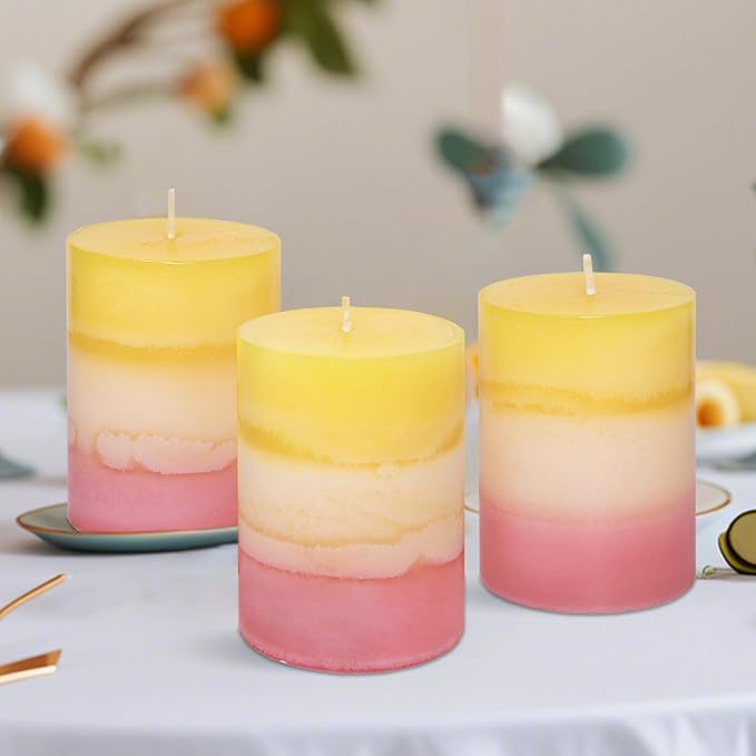 Sweet Scented Candles 3x4 Inch Pillar Candle Honeysuckle Scented Layered Yellow White Pink Aesthetic Decorative Candle for Living Room Bathroom Emergency Spa Aroma Birthday Gift Party Decor, Set of 3