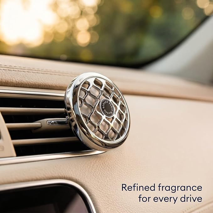 MAISON BERGER Car Diffuser Set, Rosalie Exquisite Sparkle | Sparkling Grapefruit Rose Notes, Refillable Vent Clip with Ceramic Refill, Passive 4-Week Diffusion, Made in France
