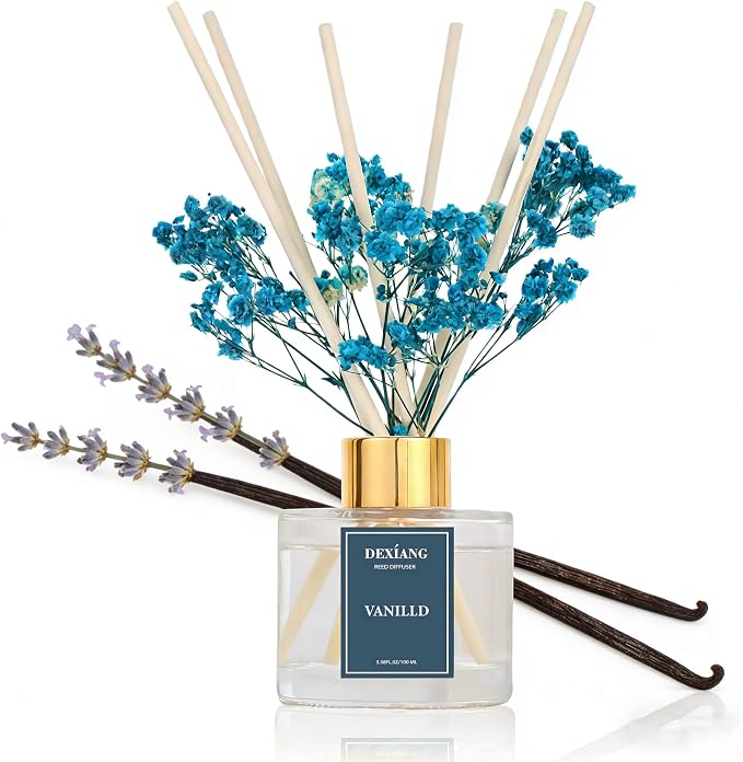 Reed Diffuser Set - 3.38 fl oz Vanilla Premium Scented Oil with Preserved Baby's Breath & Cotton 6 Sticks | Long-Lasting Aromatherapy for Home, Bedroom, Bathroom, Office Home Decor