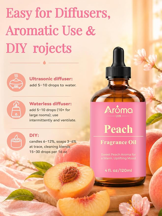Peach Fragrance Oil - Sweet Peach Scent for Diffusers & Home Fragrance. Juicy, Warm, and Uplifting with a Soft, Comforting Feel