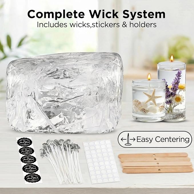 LumaCraft Clear Gel Wax for Candle Making – 1.1LB (500g) Transparent Jelly Wax with 20 Wicks, 50 Wick Stickers & 5 Wick Holders - Natural Non-Toxic DIY Gel Candle Supplies for Beginners & Crafters