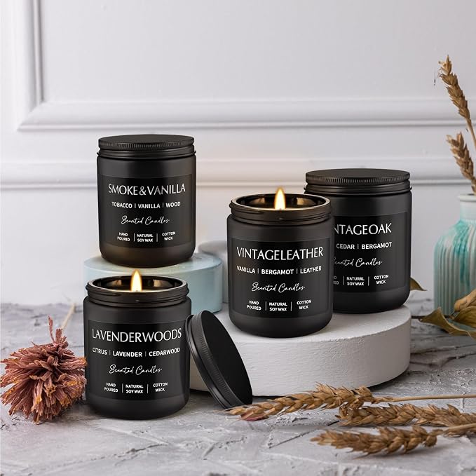 WPONSZU 4Psc Scented Candles Set,7oz Gifts for Men Aromatherapy,Soy Candle of Smokeless - Leather & Smoke, Vanilla Oakmoss, Lavender - Relaxing Fragrance for Home, Office, Yoga(Black)
