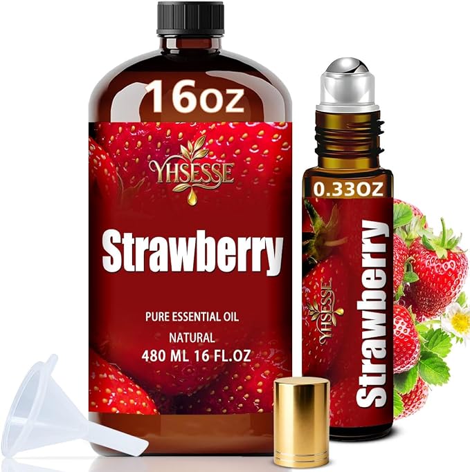 Strawberry Essential Oil, Strawberry Oil 16 Fl Oz 480ml for Diffuser Yoga Soap & Candle Making – with 0.33 Oz Roller Ball & Funnel YHSESSE Essential Oils
