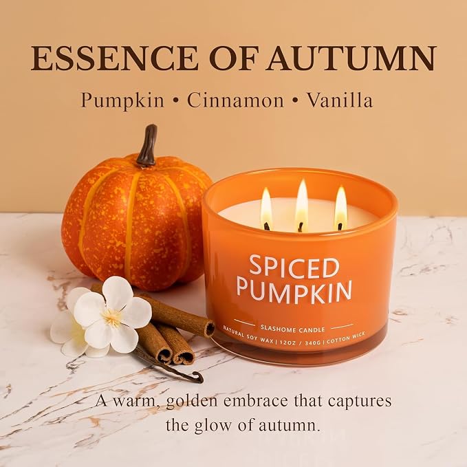 Pumpkin Spice Scented Candle, Luxury Large 3 Wick Soy Candle 12 Oz, 60+ Hour Long Lasting Clean Burn, Elegant Aromatherapy Home Decor, Housewarming & Birthday Gift for Men & Women