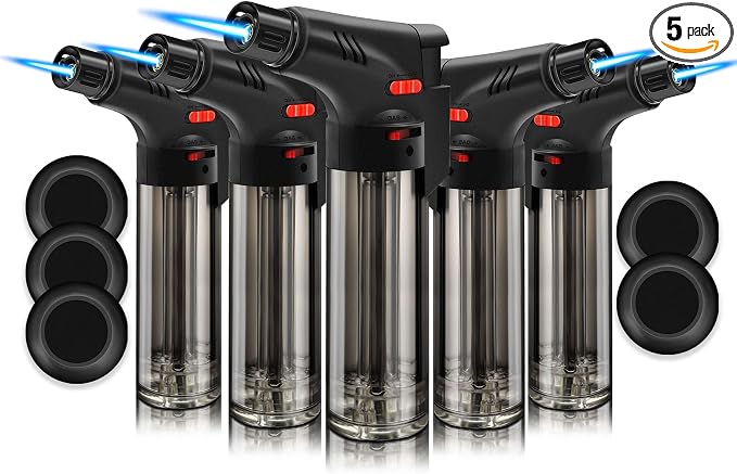 5 Pack of Torch Lighter, Powerful Windproof Jet Flame, Butane Gas Refill, with Safety Lock, Mini Blow Torch Lighters for Candle, Firework (NO Gas)