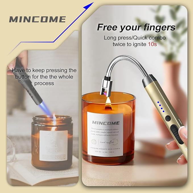 Candle Lighter, Windproof Flameless Electric lighters, Long Lighter with 360° Neck & Safety Switch, USB-C Rechageable LED Power Display Arc Lighters for BBQ Candle Birthday