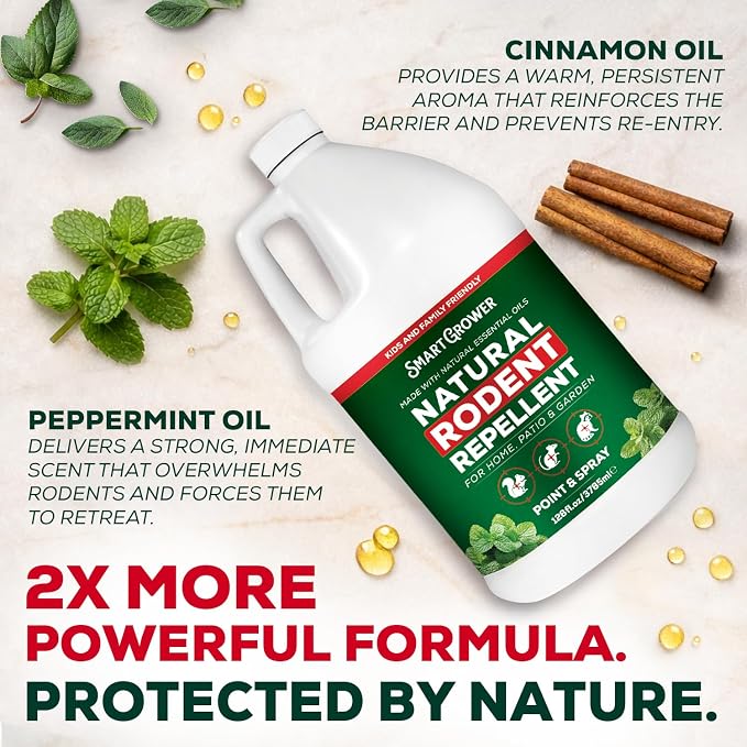 Smart Grower Peppermint Oil Spray for Rodents – Maximum Strength Ready to Use Peppermint Spray for Rodent, Mice, Squirrels – Indoor, Outdoor & Car Engine Protection – 128 oz