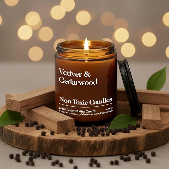 Hand Poured Non Toxic Candles - Vetiver & Cedarwood Fall Candles with Premium Natural Wax - Aromatherapy Scented Candles with Fir, Lemon Peel, Black Pepper & Musk Notes - 8.5 Oz, 45 Hrs Burn Time