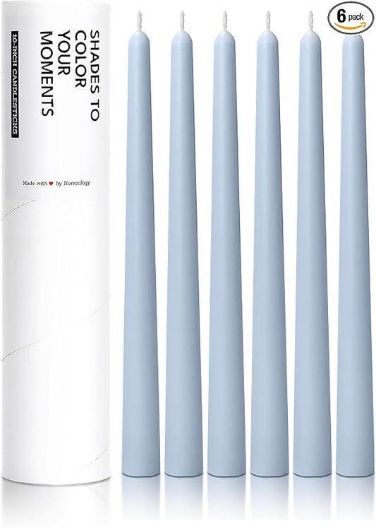 10" Classic Taper Candles, Dusty Blue, 6-Pack, 7-8 Hours Long Burning, Unscented Tall Candlesticks