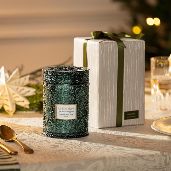 LA JOLIE MUSE Hinoki & Cypress Scented Candle for Home | Pine & Cedarwood | Christmas Winter Holiday | 19 oz Non Toxic Natural Soy | Large Green Jar Candle | Luxury Gifts for Women & Men | Wood Wick