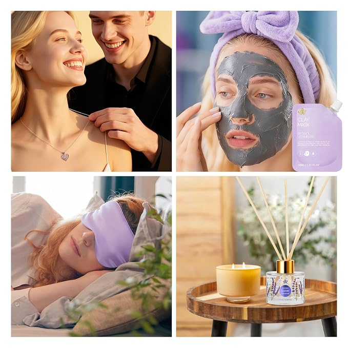 35 Pcs Mothers Day Gifts, Lavender Bath & Body Gift Basket for Women, Facial Skin Care Set, Home Spa Basket, Self-Care Set, Face Sheet Mask, Necklace, Birthday, Christmas,Anniversary