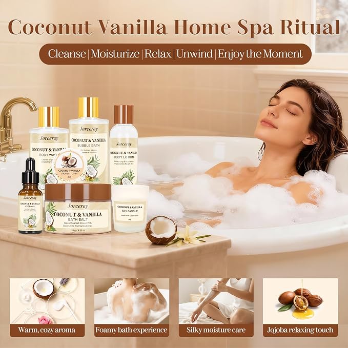 22PCS Spa Gift Baskets for Women, Luxury Bath and Body Gift Basket Set for Women Coconut Vanilla Spa Kit Relaxing Spa Self Care Gift for Her Wife Lover Mom Sister