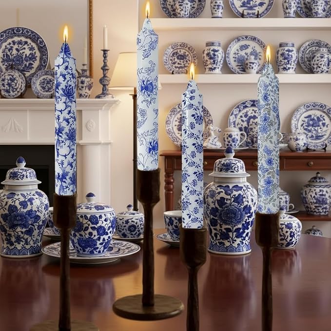 Flowers Printed Candle Taper Candles 9 inch - 4 Pack Blue and White Porcelain Candle Dripless, Smokeless, Unscented Tall Candlesticks - Perfect for Home Decor, Weddings, and Special Occasions