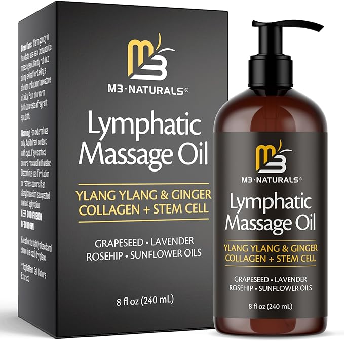 Lymphatic Massage Oil for Massage Therapy - Lymphatic Drainage Oil for Body Care Circulation & Detox Support with Ylang Ylang, Ginger, Lavender, Grapeseed, Vitamin E & Stem Cell (8 Fl Oz) by M3