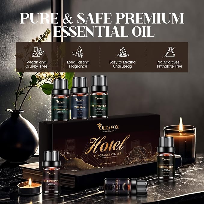 Hotel Diffuser Oils Gift Set, Essential Oils for Diffusers for Home, Luxury Fragrance Oil Set, Candle & Soap Making Scents, Jasmine & Mint, White Tea, The Way, Dream State, Hotel Lobby, Crystallé