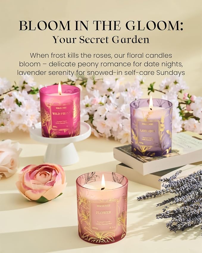 M&SENSE Wild Peony & Jasmine Scented Candles, Subtle Scented Vegan Soy Candle, 7.8oz 42-Hour Long Last Burning Time, No Toxin Bathtub Date Night Romance Home Fragrance for Her