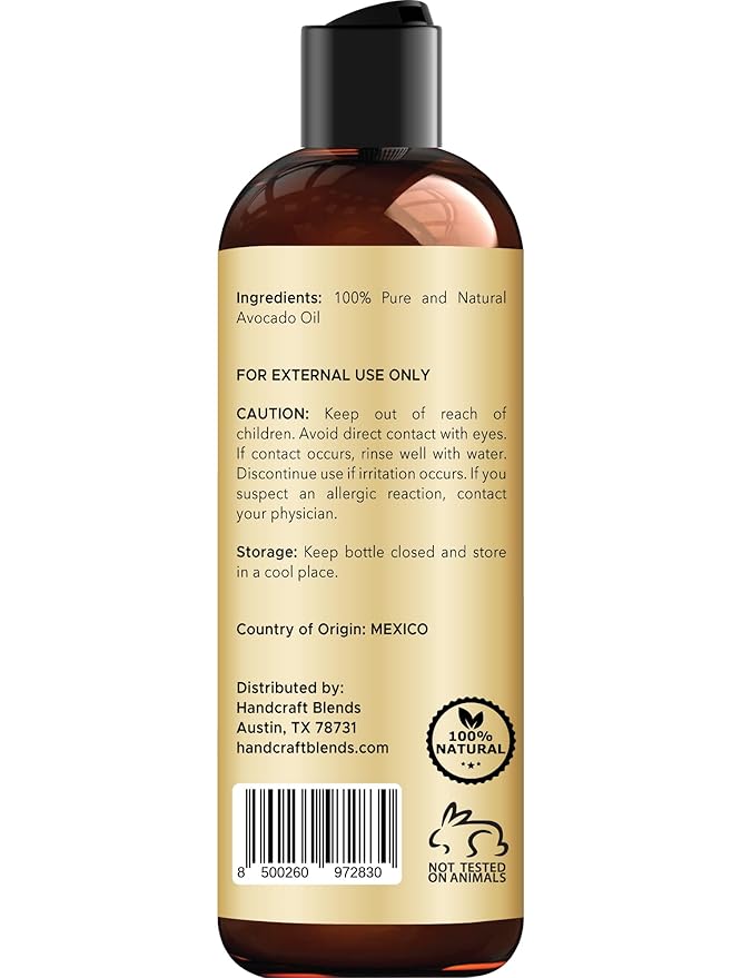 Handcraft Blends Avocado Oil - Cold-Pressed 8 Fl Oz - 100% Pure and Natural - Premium Grade Carrier Oil for Skin and Hair - Hair and Body - Massage - Hexane-Free